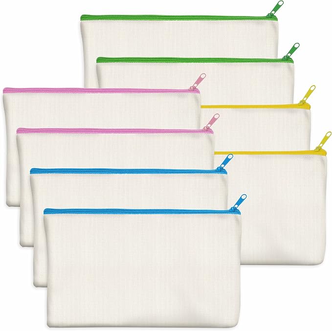 8 Pack Canvas Colorful Zipper Bags, DIY Craft Bags Travel Canvas Makeup Pouches for Cosmetic Toiletry Stationery Storage (Beige, 8.3” x 4.7”)