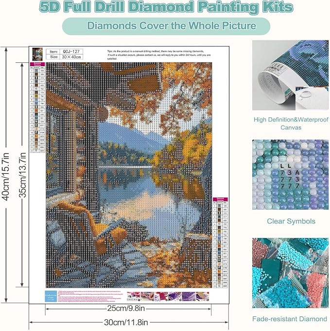 Accompany Wind Autumn Landscape Diamond Art Kits for Adults, 5D Mountains Lake Diamond Painting Kits for Beginners,DIY Round Full Drill Diamonds Gem Art Crafts for Home Wall Decor Gifts 12x16 Inch