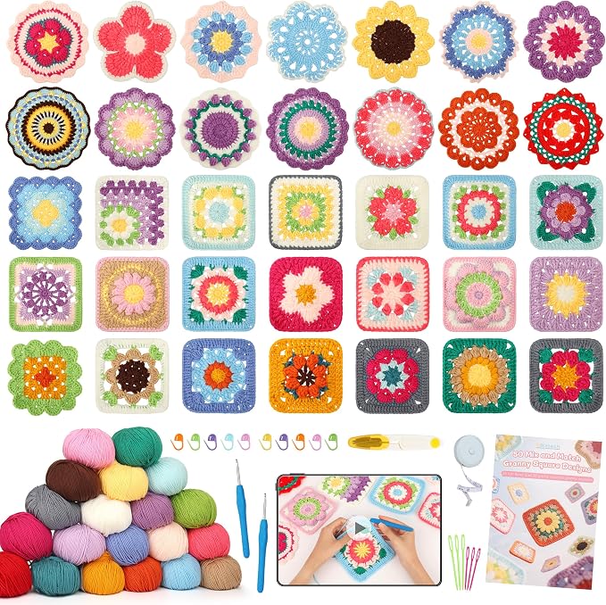 Katech Crochet Kit for Beginners, 50 Granny Squares Kit for Adults Beginner