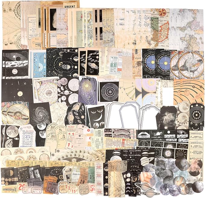 Draupnir 200pcs Vintage Junk Journal Supplies,Scrapbook Supplies Scrapbooking Paper and Stickers Ephemera For Art Aesthetic Journaling Kit Collage(Celestial)