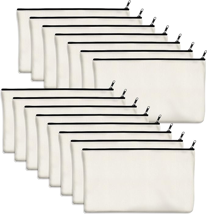 15 Pack Blank Cotton Canvas DIY Craft Zipper Bags Pouches Pencil Case for Makeup Cosmetic Toiletry Stationary Storage