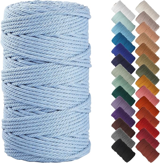 NOANTA Baby Blue Macrame Cord 4mm x 109yards, Cotton Rope Macrame Yarn | Macrame Rope Supplies, 3 Strand Twisted Cotton Yarn String, Cotton Cord for Wall Hanging, Plant Hangers, Crafts, Knitting