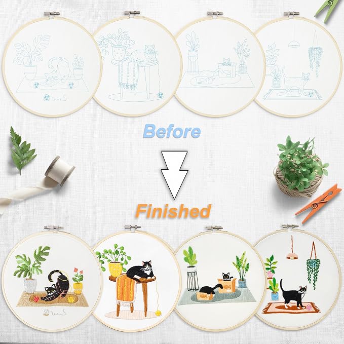 Bonroy 4 Sets Embroidery Set for Beginners, Art Craft, Easy Sewing, Includes Embroidery Clothing, Pattern, Embroidery Hoop, Instruction Manual, Colorful Thread Stitch Set (Cat)