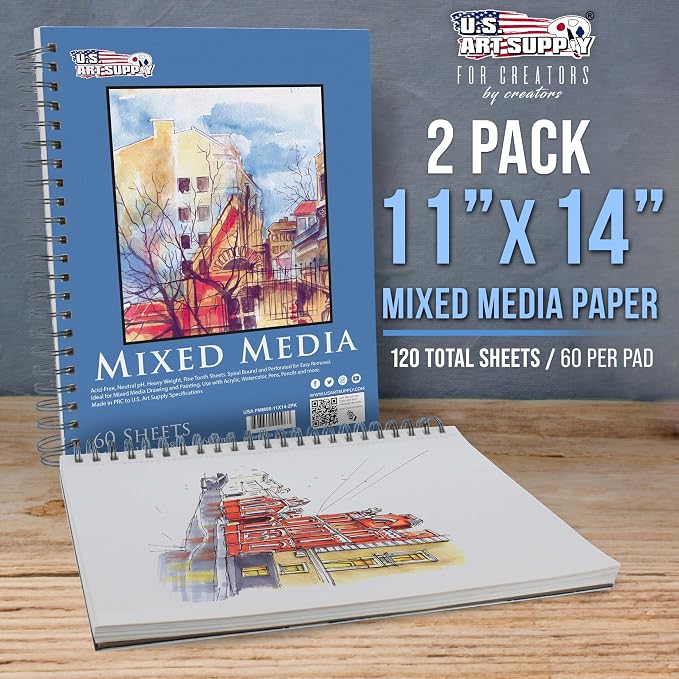 U.S. Art Supply 11"x14" Mixed Media Sketchbook, 2 Pack (60 Sheets) | 98 lb (160 gsm) - Spiral-Bound Pad with Perforated Acid-Free Paper - Artist Sketch Book For Drawing, Painting, Watercolor
