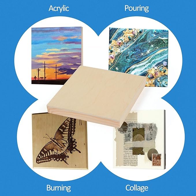 Falling in Art 4 Pack 6x6’’ Unfinished Birch Wood Panels Kit for Painting | Studio 3/4’’ Deep Wooden Canvas, Cradle Boards for Acrylic Pouring, Art, Crafts, Epoxy Resin, Laser Engraving Cutting