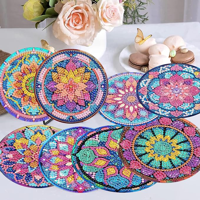 8 Pcs Diamond Art Coasters Kits, Mandala Diamond Painting Coasters Kits