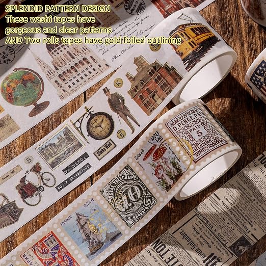 24 Rolls Vintage Washi Tape Set, Antique Car Buildings Map Stamp Stripe Writable Aesthetic Washy Decorative Tapes for Scrapbooking, Junk Journal Supplies, Bullet Journaling 5-75mm Wide (3m Long)/Roll