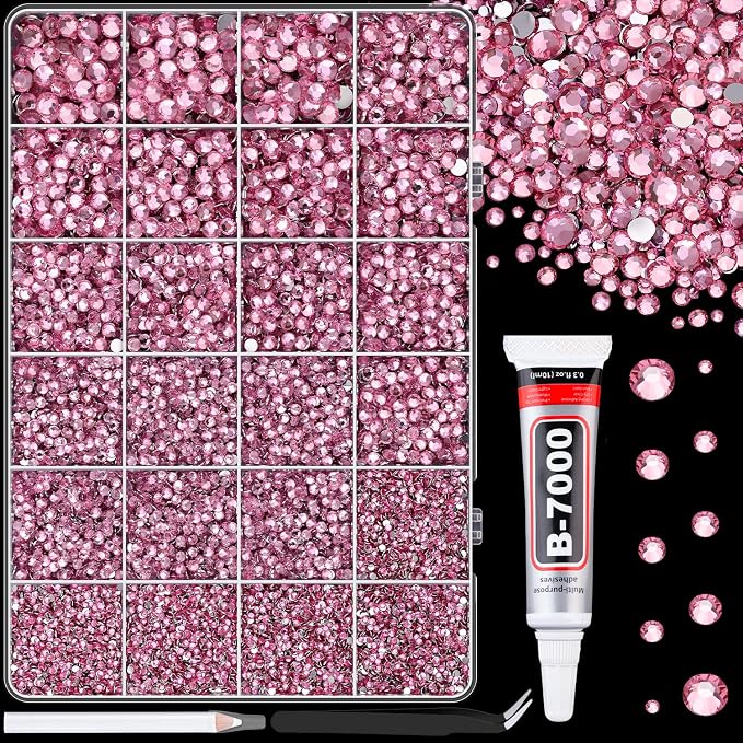 25000Pcs Resin Rhinestones for Crafting, Dark Pink 2-6mm Mixed Sizes Non Hotfix Flatback Gems with 1Pcs Glue, Bedazzling Crystal for DIY Craft Clothing Mugs Tumblers Shoes Fabric Decor Nail Art