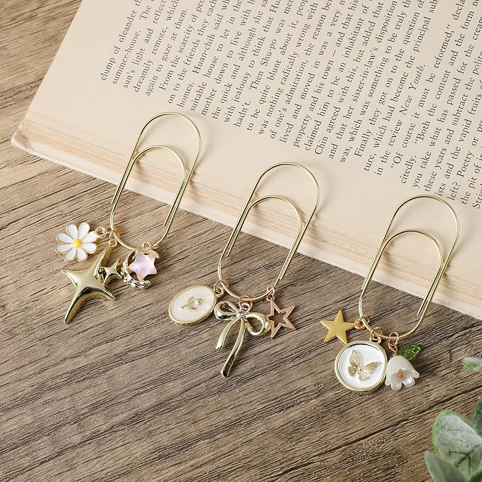 Charm Metal Bookmark Gift - 3 PCs Cute Bow Butterfly Flower Star Paperclip Book Mark Large Unique Aesthetic Page Marker Planner Paper Clip Reading Lover Women Girl Birthday School Supplies