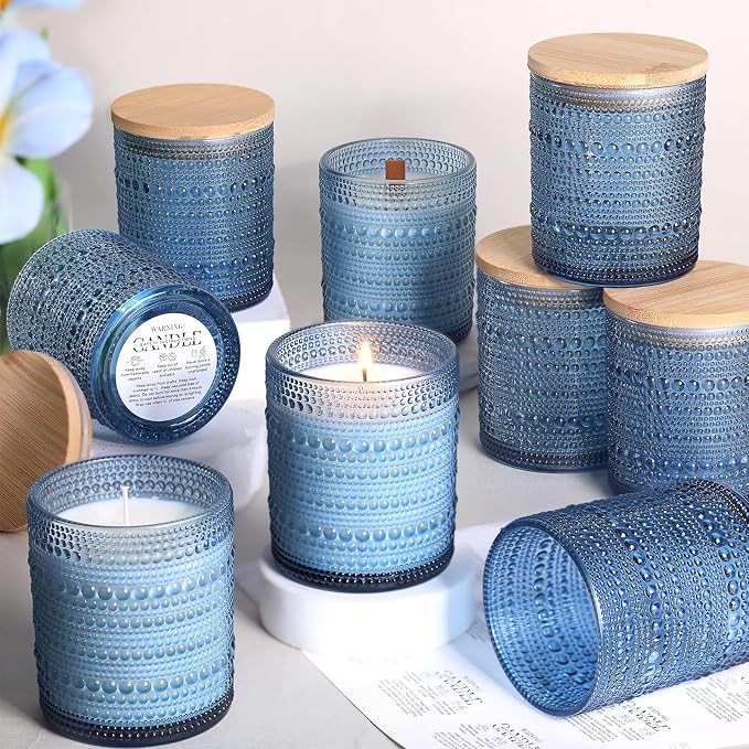 DARJEN 12 Pcs 10 oz Glass Candle Jars with Lids, Candle Container Tins-Blue | Thick Wall Ribbed Glass, Airtight Wood Lids, The go to candle jar for DIY, thoughtful gifters, growing candle brands