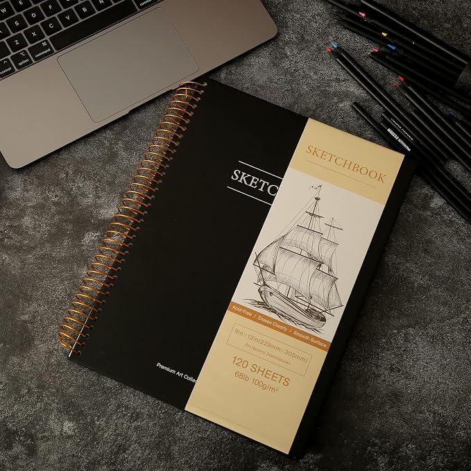 Yoment 9"x12" Hardcover Sketchbook for Drawing，120 Sheets，100GSM | Black,Spiral Bound Sketch Pad Premium Art Sketchbook Artistic Drawing Paper Pad for Kids Adults Beginners Artists