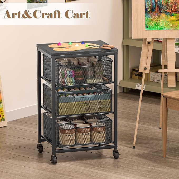 Under Desk Storage Cart with Lockable Wheels, 3-Drawer Rolling Storage Cart, Metal Utility Cart with Drawers for Art, Cart, Classroom, Office, Kitchen, Bedroom, Dorm Storage Under Bed