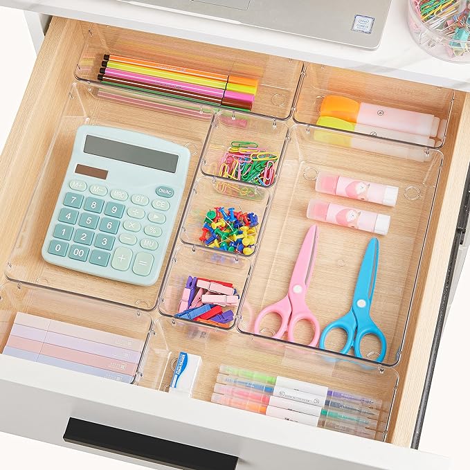 Vtopmart 72 PCS Clear Plastic Drawer Organizers Set, 4-Size Versatile Bathroom and Vanity Organizer Trays, Non-Slip Storage Containers for Makeup, Jewelries, Bedroom，Kitchen Utensils and Office | 4-Size Versatile Makeup Organizer, Non-Slip Storage Cont...