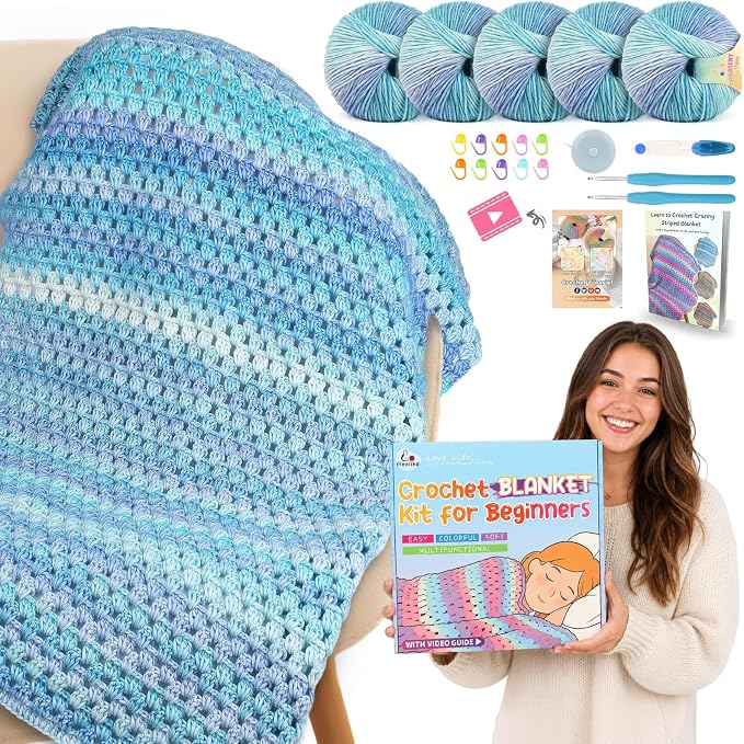 Aeelike Crochet Blanket Kit for Beginners, Easy Blanket Crochet Kits, Blue