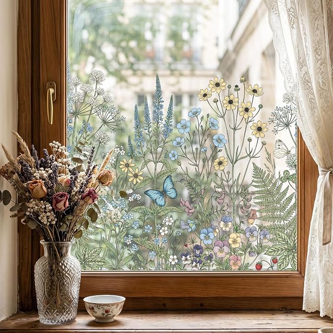 ADD.HERES Window Privacy Film,Colorful Floral Window Stickers,Removable DIY Bouquet Static Clings, Decals for Home School Office Party Supplies, Wildwood Whisper, 17.5" x 78.7"