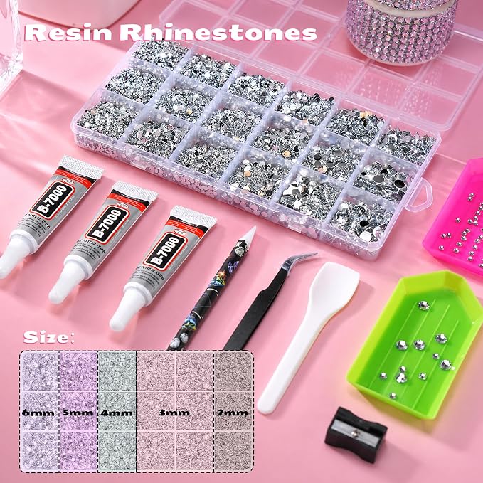 32000 Pcs Resin Jelly Rhinestones Kit, Sliver Clear 2/3/4/5/6mm Flatback Rhinestones with 3 Pcs B7000 Jewelry Glue & Tools, All-in-One Bedazzling Kit for DIY Arts & Crafts Gifts