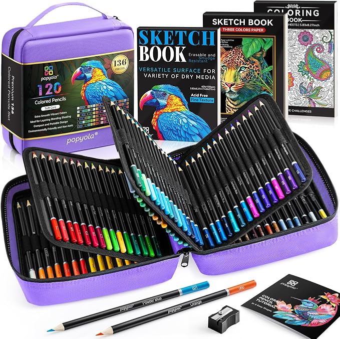 136 PCS Colored Pencils Set for Adult Coloring Books, 120 Colored Pencils | with Sketchbook, Coloring Book, Sharpener, Tutorial, Color Chart, Soft Core Oil-Based, Ideal for Drawing Blending Shading