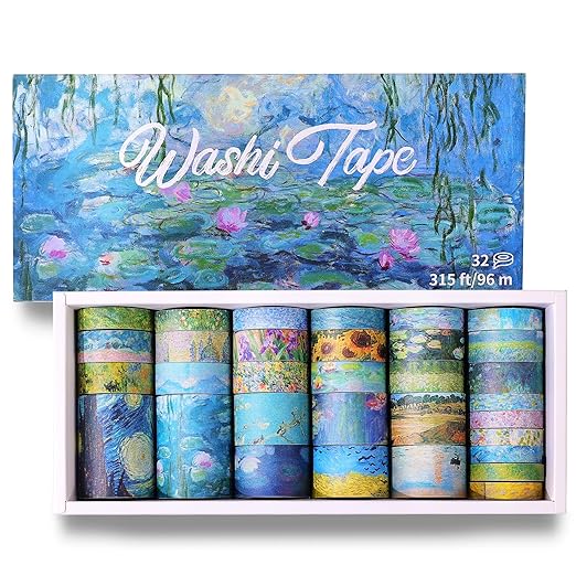 PAGEMORE 32 Rolls Washi Tape Set, Colored Van Gogh Patterns Decorative Masking Tape, Vintage Artists Tapes for Journaling, Junk Journal, DIY Craft Projects, Scrapbooking Supplies Decor