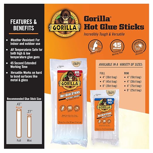 Gorilla Hot Glue Sticks, Clear, Full Size, 8" x 0.43", 20 Count
