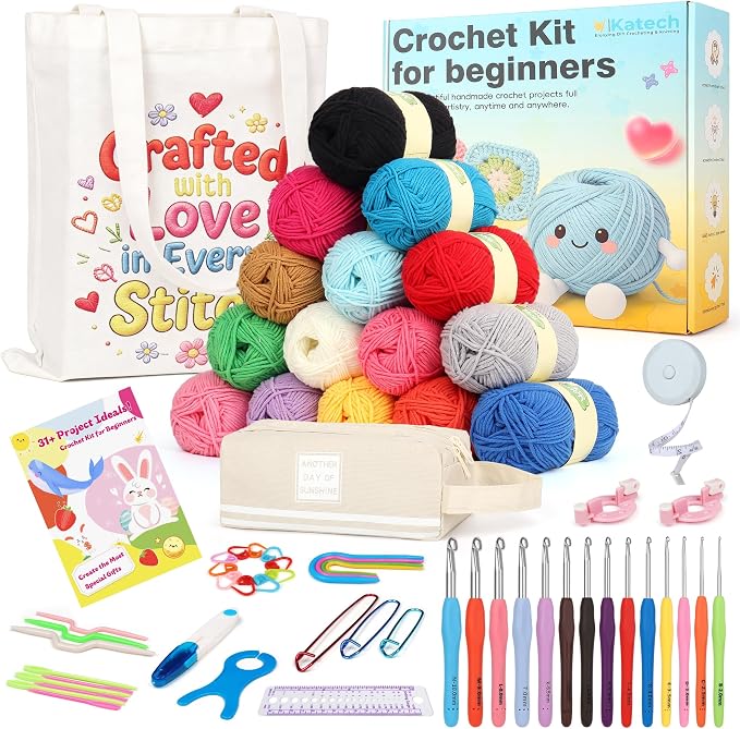 Katech Crochet Kit for Beginners Adults Kids-Crochet Starter Kit-Ideal Gift | Complete Crochet Set Includes Cotton Yarn for Crocheting, Crochet Hooks, Accessories, Tutorials, Gift Box