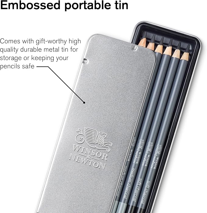 Winsor & Newton Studio Collection, 6 Count, Charcoal Pencils | Mixed Grade Charcoal Pencils, Wooden Barrels, On-The-Go Tin, High Quality Core Binder, Break-Resistant Cores & Points