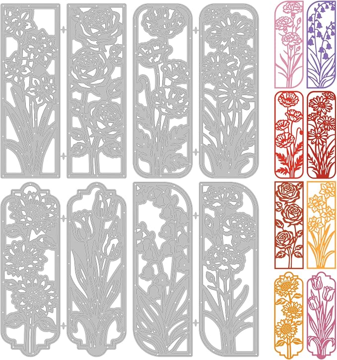 8PCS Background Flower Frame Metal Cutting Dies Floral Die Cuts for Card Making Rectangle Frame Metal Die Cuts Embossing Stencil Template for DIY Crafting Scrapbooking Bookmark Album Decor