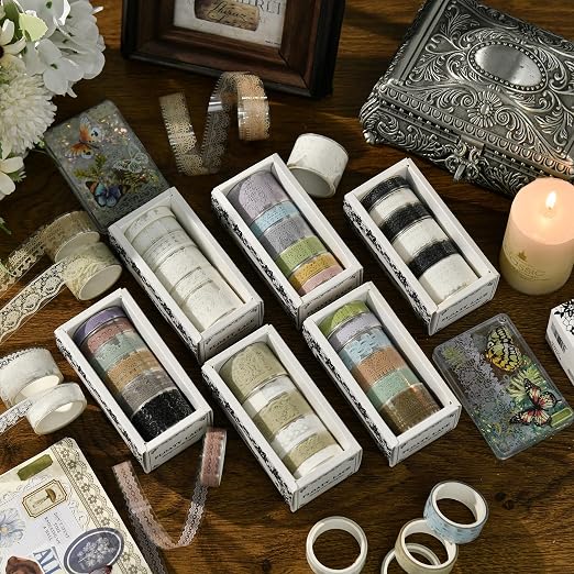 6 Rolls Lace Patterns PET Tapes Floral Arts Decorative Tape Set Adhesive Transparent Masking Tapes for DIY Craft, Kids, Scrapbook, DIY, Gift Wrapping, Journal (Tranquil Dew)