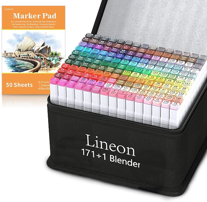 Lineon 172 Colors Alcohol Based Dual Tip Art Markers, 171+1 Blender Permanent Marker Pens Plus 1 Marker Pad 1 Case Perfect for Kids Adult Artist Coloring Books Drawing Sketching and Card Making