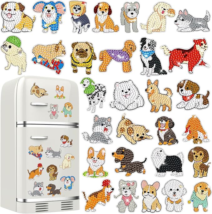 Remuuly 30 Pcs Animal Diamond Painting Magnets Dog Diamond Art Magnets Kits for Adults Cute Animal 5D Rhinestones Refrigerator Magnetic Stickers Dog Fridge Sticker for Fridge DIY Crafts Gifts