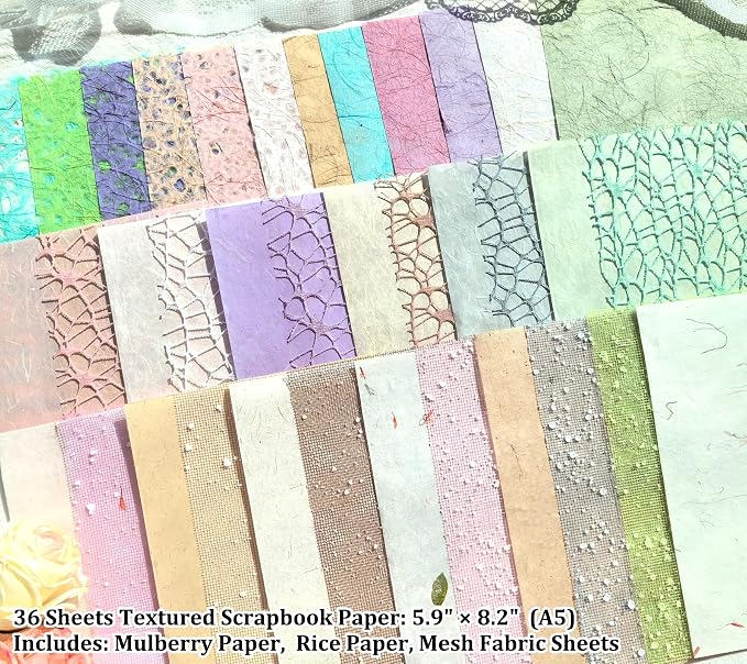 Flartmo Scrapbook Supplies Kit with 246 Sheets Textured & Floral Scrapbook Paper, 50 Pcs Flower Scrapbook Sticker & 3 Rolls Double-Sided Tape for Scrapbooking, Junk Journal, Card Making, Embellishment