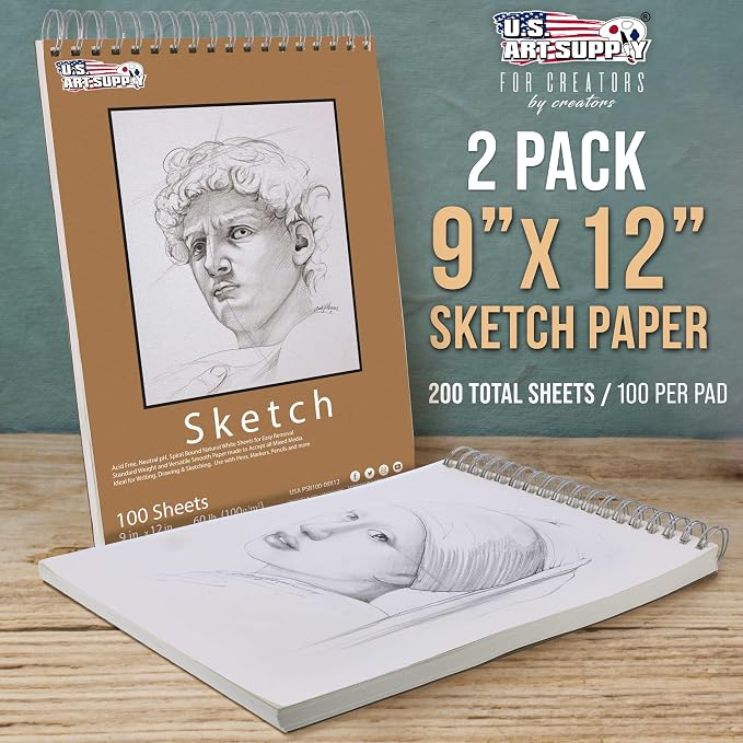U.S. Art Supply 9"x12" Top Spiral Bound Sketch Book, 100 Sheets Each 2-Pack | 60lb (100gsm), Acid-Free, Artist Sketchbook, Drawing for Adults & Students