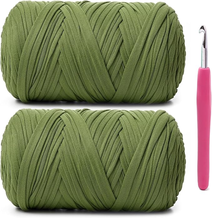 2 Pack Soft Tshirt Crochet Yarn, 800g/228yds High Elastic Hand Knitting Yarns, Thick T Shirt Yarn for Crocheting Bags, Baskets, Cushions, DIY Crafts(Avocado Green + Avocado Green)