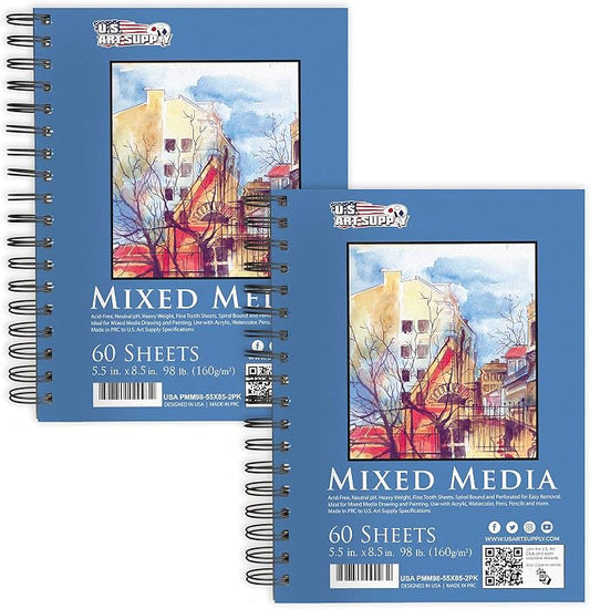 U.S. Art Supply 5.5"x8.5" Mixed Media Sketchbook, 2 Pack (60 Sheets) | (160 gsm) - Spiral-Bound Pad with Perforated Acid-Free Paper - Artist Sketch Book For Drawing, Painting, Watercolor