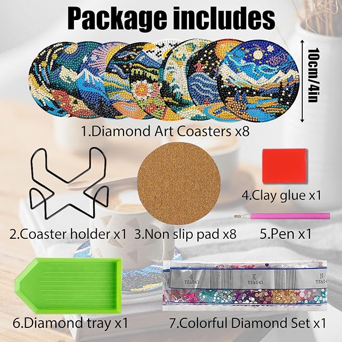 8 Pcs Landscape Diamond Art Coasters with Holder,Landscape Diamond Art Kits for Adults,Diamond Painting Coasters Kit for Gifts