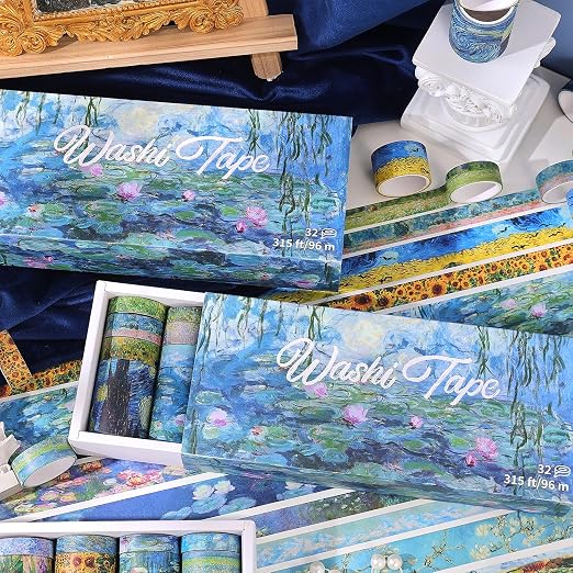 PAGEMORE 32 Rolls Washi Tape Set, Colored Van Gogh Patterns Decorative Masking Tape, Vintage Artists Tapes for Journaling, Junk Journal, DIY Craft Projects, Scrapbooking Supplies Decor