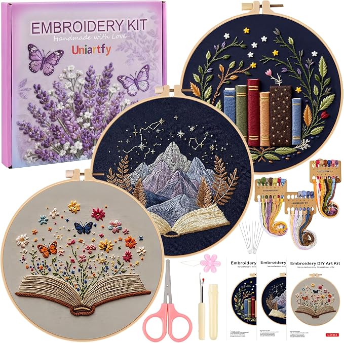 Uniartfy 3 Pack Embroidery Starter Kit, Stamped Book Flower Mountain Butterfly Cross Stitch Kits for Beginners, Needlepoint Kits Adults with Embroidery Hoop and Instructions, Hand Embroidery Kit