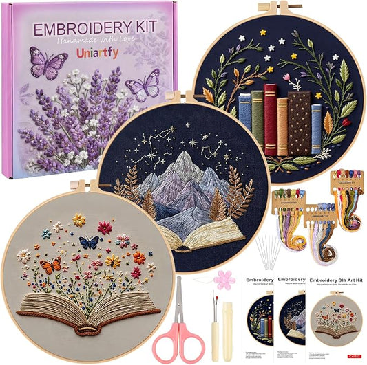 Uniartfy 3 Pack Embroidery Starter Kit, Stamped Book Flower Mountain Butterfly Cross Stitch Kits for Beginners, Needlepoint Kits Adults with Embroidery Hoop and Instructions, Hand Embroidery Kit
