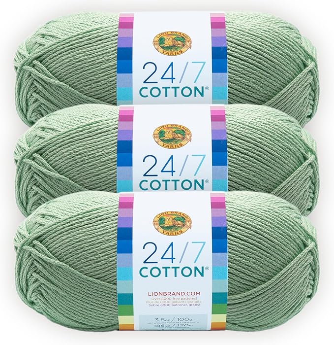 Lion Brand Yarn, 24/7 Cotton Yarn, Mint, Green, 3 Pack