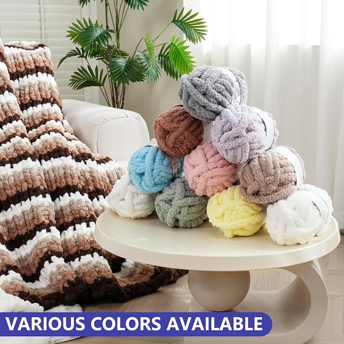 Cozyful Chunky Yarn for Hand Knitting - #10 Chunky Chenille Yarn, Jumbo Big Thick Chunky Yarns for Crocheting, Super Bulky Chunky Knit Blanket Yarns, 8 Skein (22yd, 8oz/Skein), Khaki & Coffee
