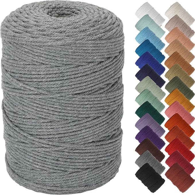 NOANTA Gray Macrame Cord 3mm x 328yards, Colored Cotton Rope Macrame Yarn | Macrame Rope Supplies, 3 Strand Twisted Cotton Yarn String, Cotton Cord for Wall Hanging, Plant Hangers, Crafts, Knitting