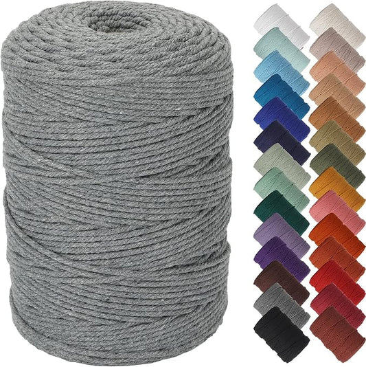 NOANTA Gray Macrame Cord 3mm x 328yards, Colored Cotton Rope Macrame Yarn | Macrame Rope Supplies, 3 Strand Twisted Cotton Yarn String, Cotton Cord for Wall Hanging, Plant Hangers, Crafts, Knitting