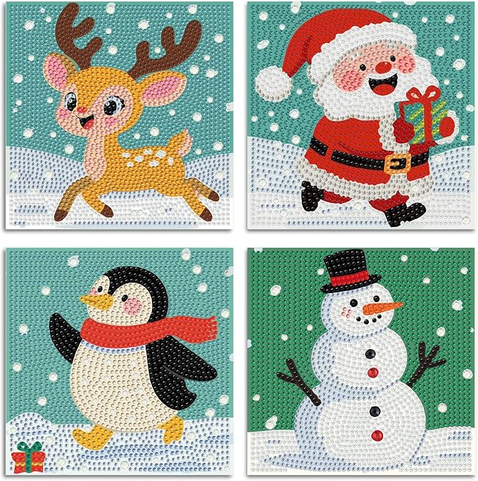 ICYANART 4 Pack Christmas Diamond Art Painting Kits for Kids 6x6 Inch | Christmas Diamond Art Kits for Kids Ages 4-8-12, Small Diamond Art Kits, Arts and Crafts for Kids(no Frame)