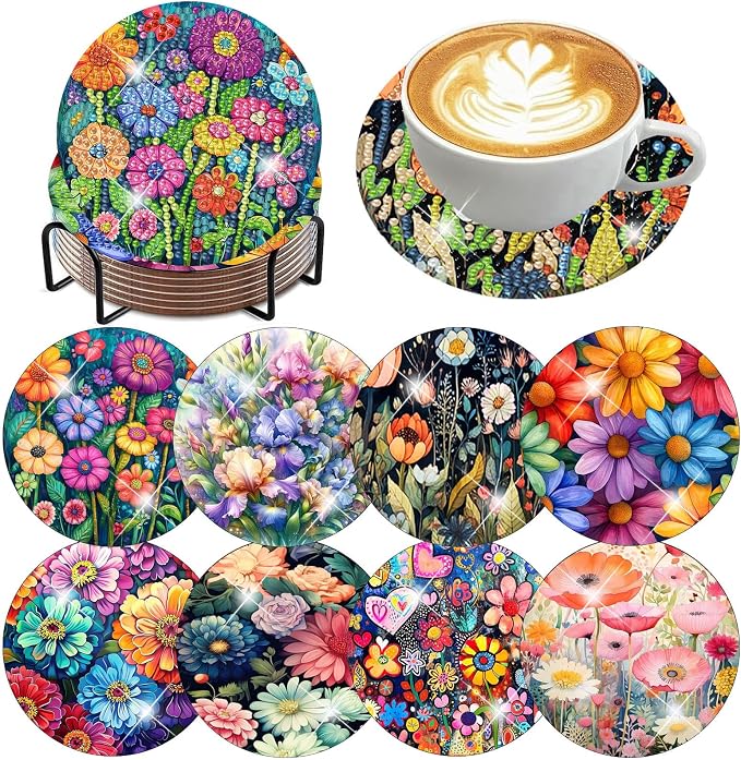 mrpwnle 8 Pcs Diamond Art Coasters Kits, Flowers Diamond Painting Coasters