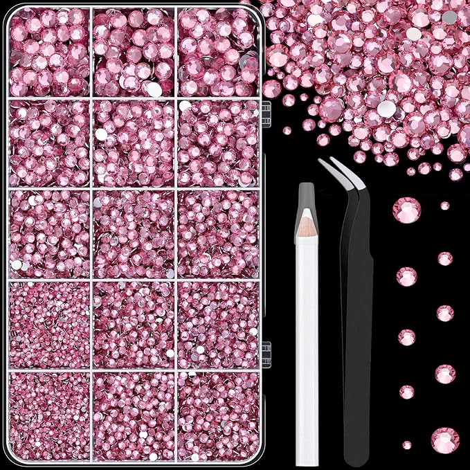 16000Pcs Resin Rhinestones with Tweezers for Crafting, Dark Pink 2-6mm Mixed Sizes Non Hotfix Flatback Gems, Bedazzling Crystal for DIY Crafts Clothing Tumblers Mugs Shoes Fabric Decor Nail Art