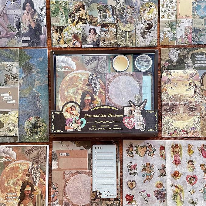 BoomTeck Vintage Aesthetic Scrapbooking Supplies, Bullet Junk Journal Kits with Scrapbook Paper, Washi Stickers, A6 Grid Notebook - DIY Craft Journaling Gift for Teen Girl Adult (Art Guide)