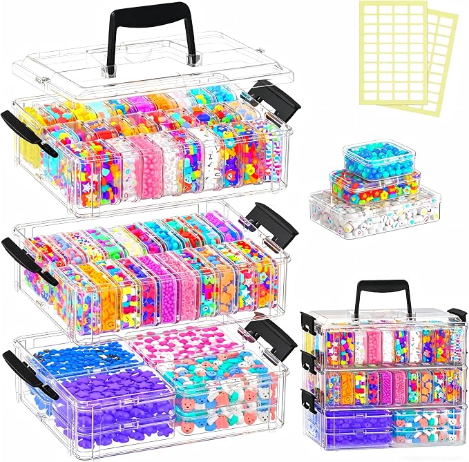 Bead Organizer Box 58 Pcs, 3-Tier Stackable Storage Box, and 3 Different Container Sizes Small Plastic Containers with Lids, Portability, Clear Organizers for Jewelry DIY Craft Storage