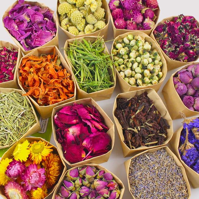 16 Bags Set Dried Flowers Artisan Dried Flower Kit - Candle Making Soap Making DIY Candel Flowers-,Lavender,Roseleaf,Pink Rose,Jasmine,Petal and More