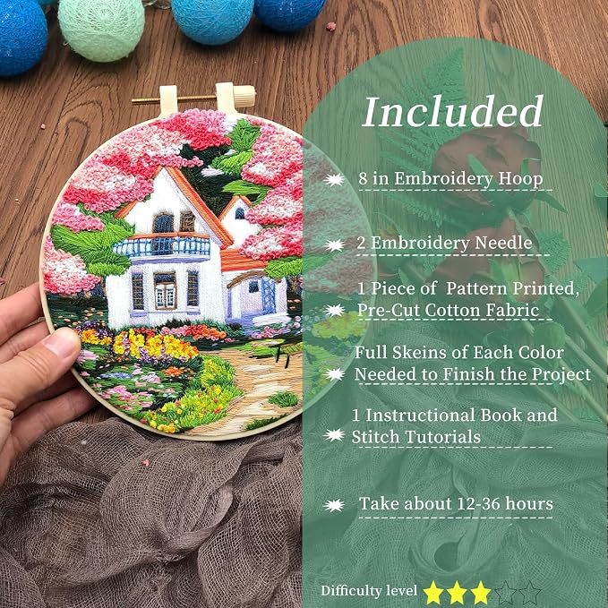 FONNUY Embroidery Kit for Beginners, Boho Nature Landscape Pre-Stamped Pattern Kits for Adults with Hoop, Easy to Follow Color Thread Needlework, 8'' Hoop (Flower House)