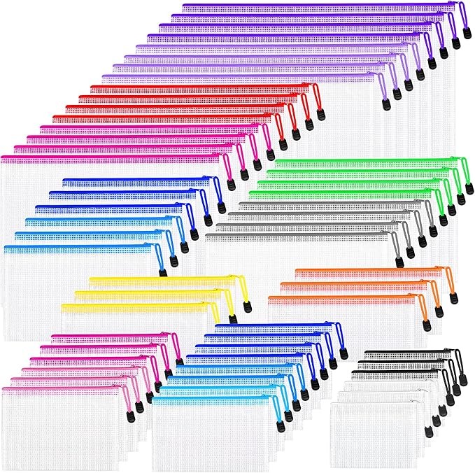 PAPEJOON 56pcs Mesh Zipper Pouch Bags, 8 Sizes Plastic Zippered Storage Bags for Organizing, Clear Pouches with Zipper, Waterproof Mesh Pouch for Office Supplies, Home Organize, Travel Storage