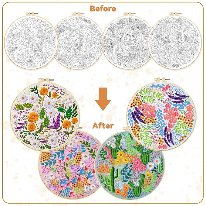 BEUNITONE 4 Set Covered Flower Embroidery Kit for Beginners 7.9"x7.9" | DIY Complete Needlepoint Kits for Adults, Cross Stitch Starter Kit with Hoops, Handmade Needlework for Gifts and Home Decor